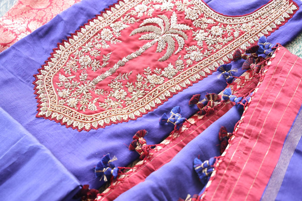 Sandhya Reddy - Purple Pure Silk Chanderi Handcrafted Semi-Stitched Suit Set with Zardozi and Sequin Work