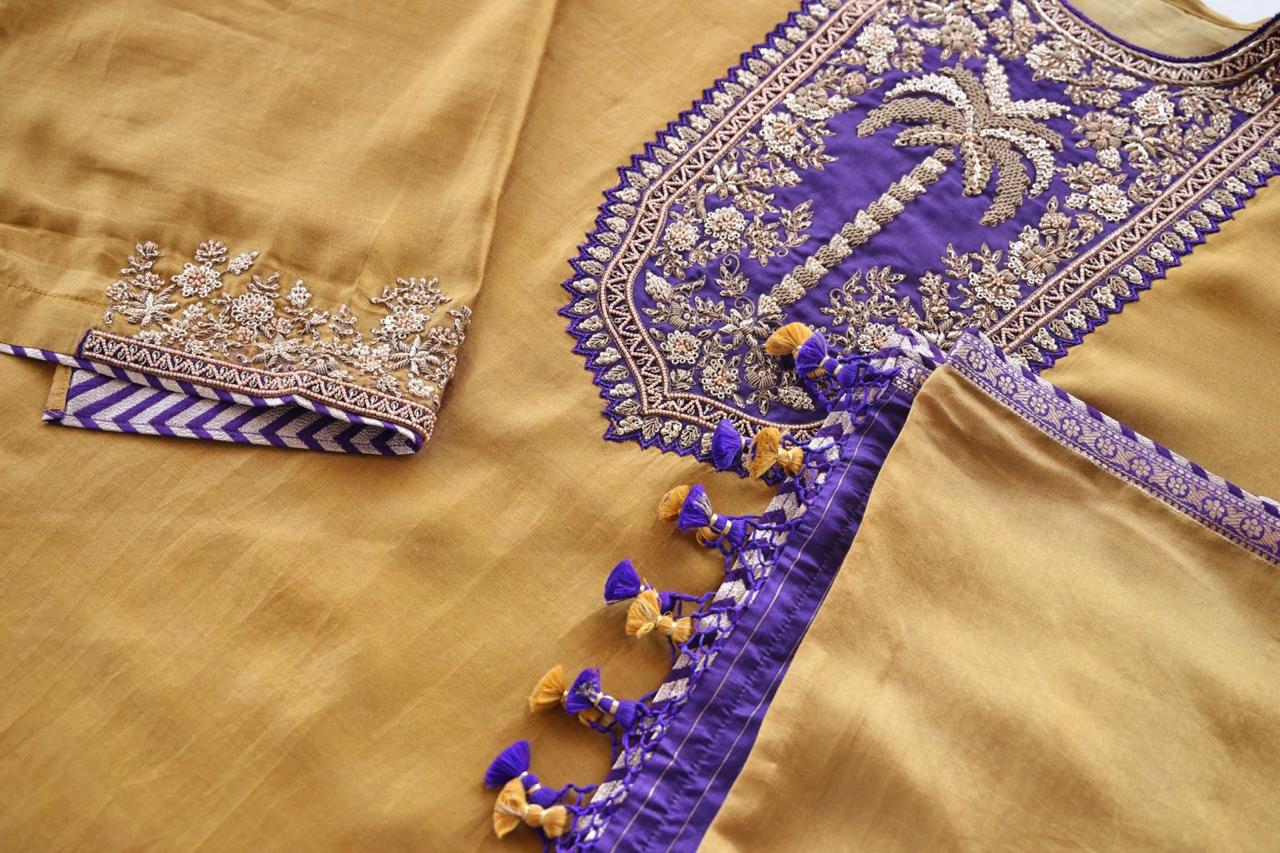 Sandhya Reddy - Silk Chanderi Handcrafted Semi-Stitched 3-Piece Suit Set with Contrast Purple Neckline and Banarasi Daman