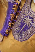 Sandhya Reddy - Silk Chanderi Handcrafted Semi-Stitched 3-Piece Suit Set with Contrast Purple Neckline and Banarasi Daman