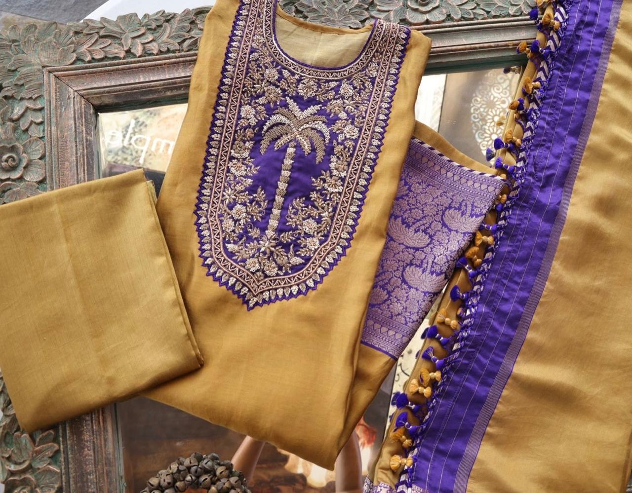 Sandhya Reddy - Silk Chanderi Handcrafted Semi-Stitched 3-Piece Suit Set with Contrast Purple Neckline and Banarasi Daman