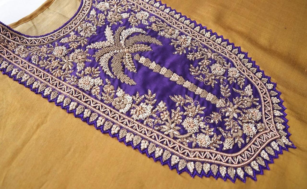 Sandhya Reddy - Silk Chanderi Handcrafted Semi-Stitched 3-Piece Suit Set with Contrast Purple Neckline and Banarasi Daman