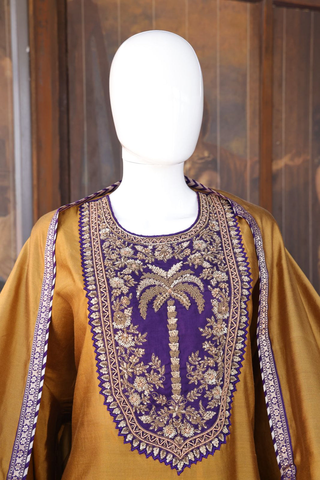 Sandhya Reddy - Silk Chanderi Handcrafted Semi-Stitched 3-Piece Suit Set with Contrast Purple Neckline and Banarasi Daman