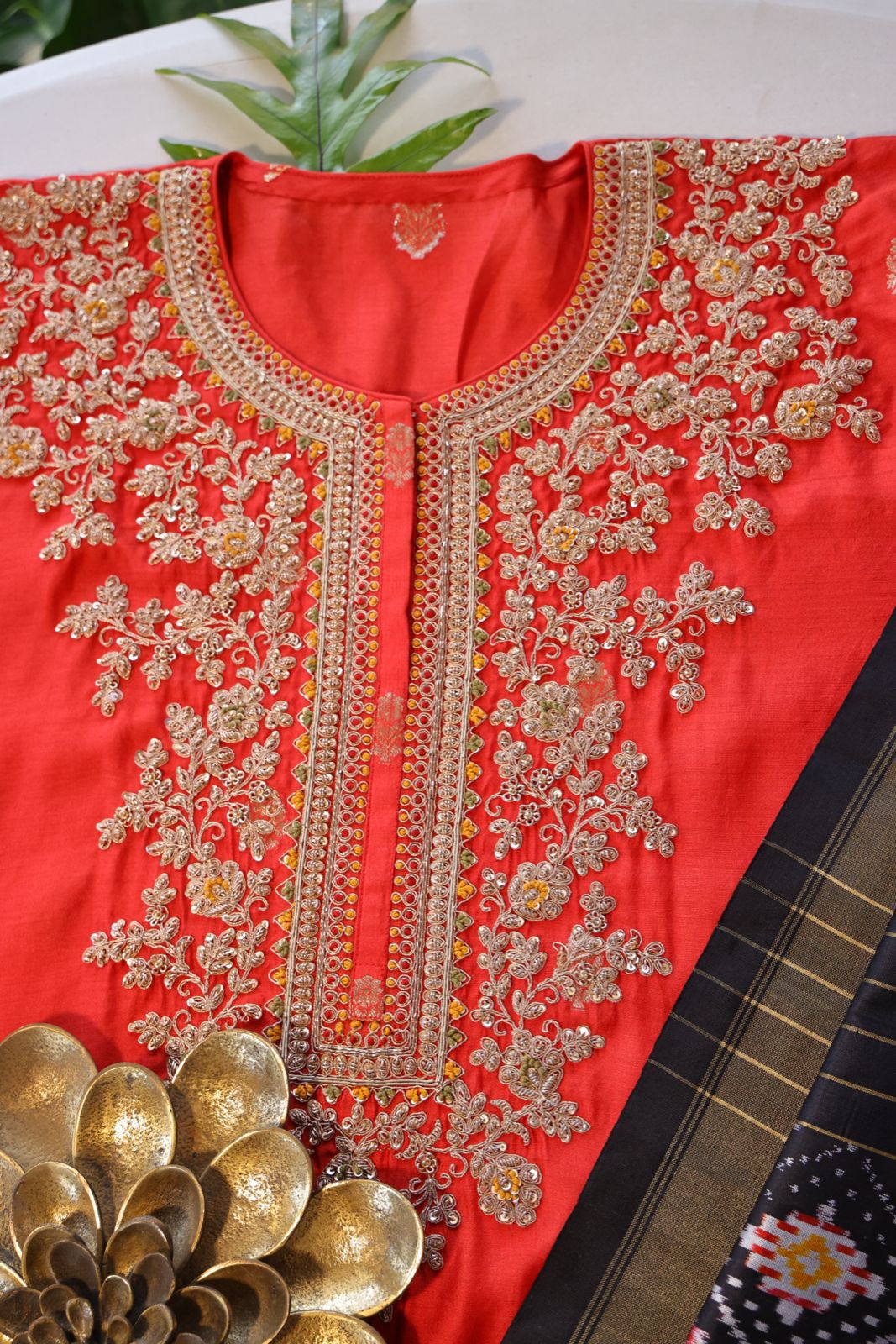 Sandhya Reddy - Blaze Red Pure Banarasi Semi-Stitched Suit Set with Dabka, Zardozi Work and Handwoven Silk Ikkat Dupatta