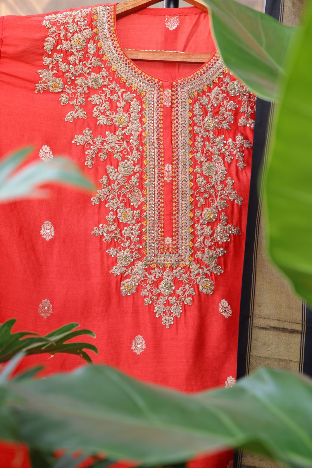 Sandhya Reddy - Blaze Red Pure Banarasi Semi-Stitched Suit Set with Dabka, Zardozi Work and Handwoven Silk Ikkat Dupatta