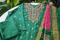 Sandhya Reddy - Bottle Green Pure Banarasi Silk Semi-Stitched Suit Set with Dabka, Dori and Zardozi Work with Contrast Rani Pink Handwoven Ikkat Dupatta
