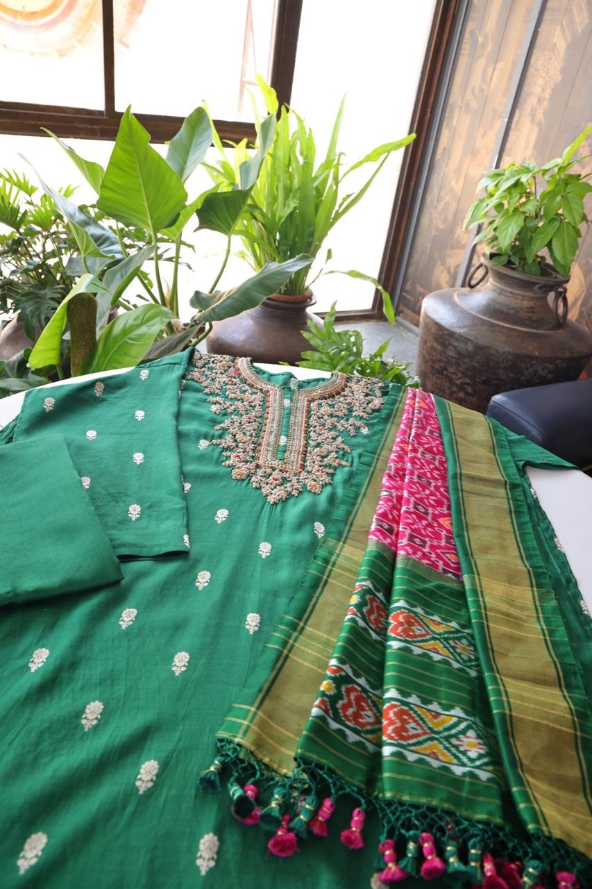 Sandhya Reddy - Bottle Green Pure Banarasi Silk Semi-Stitched Suit Set with Dabka, Dori and Zardozi Work with Contrast Rani Pink Handwoven Ikkat Dupatta
