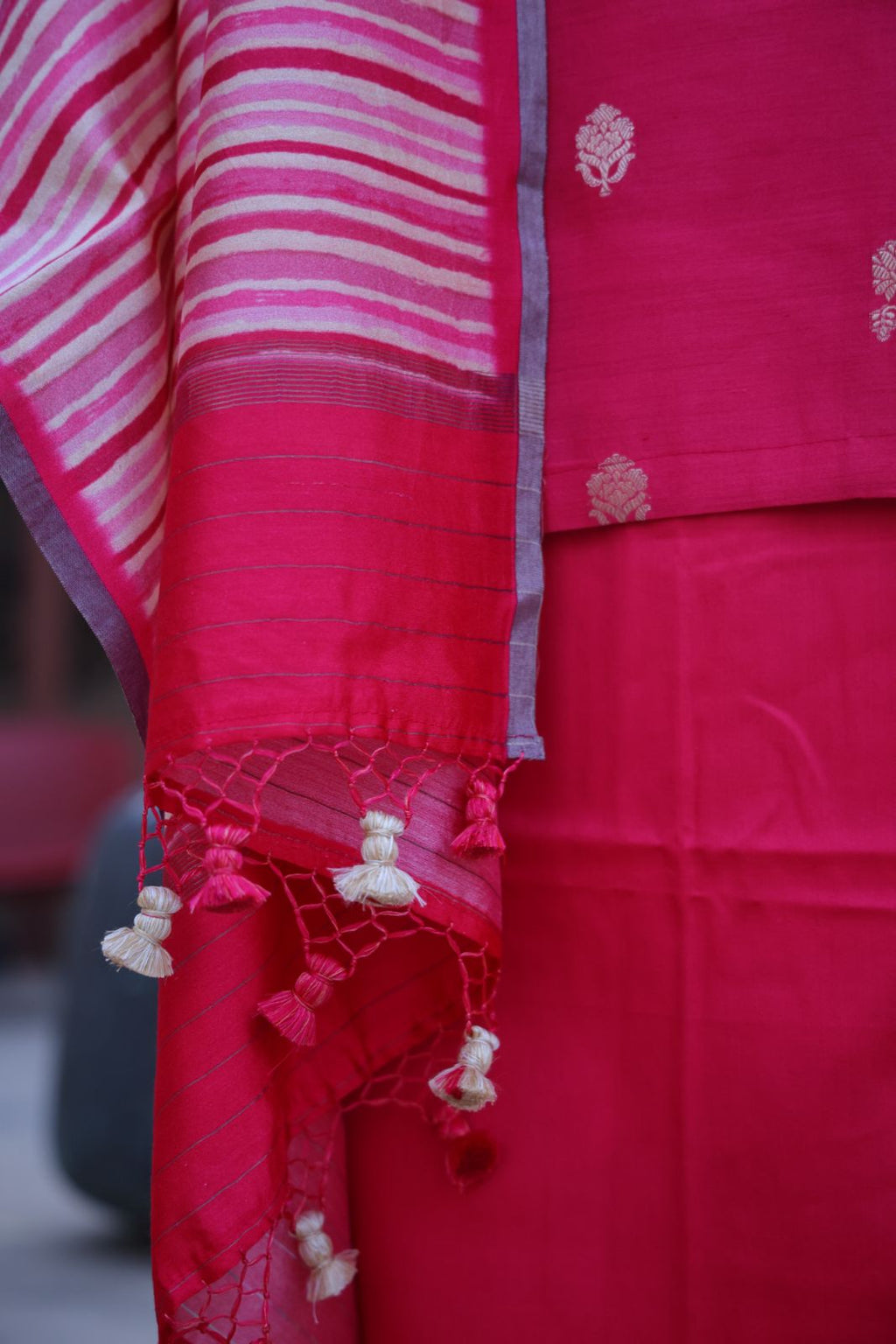 Sandhya Reddy - Fuchsia Pink Pure Silk Banarasi Semi-Stitched Suit Set with Zari Pittayi, Sequin Handwork and Pure Silk Leheriya Dupatta
