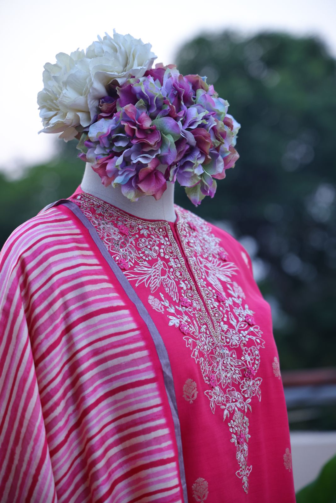 Sandhya Reddy - Fuchsia Pink Pure Silk Banarasi Semi-Stitched Suit Set with Zari Pittayi, Sequin Handwork and Pure Silk Leheriya Dupatta