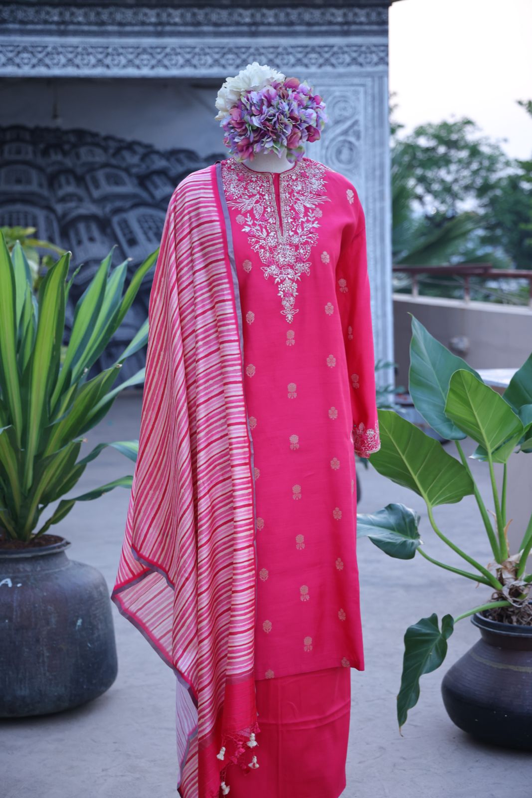 Sandhya Reddy - Fuchsia Pink Pure Silk Banarasi Semi-Stitched Suit Set with Zari Pittayi, Sequin Handwork and Pure Silk Leheriya Dupatta