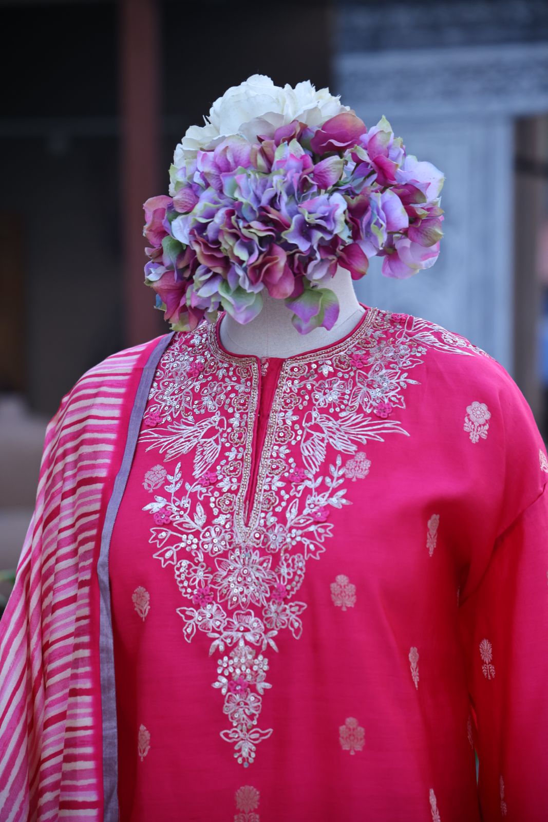 Sandhya Reddy - Fuchsia Pink Pure Silk Banarasi Semi-Stitched Suit Set with Zari Pittayi, Sequin Handwork and Pure Silk Leheriya Dupatta