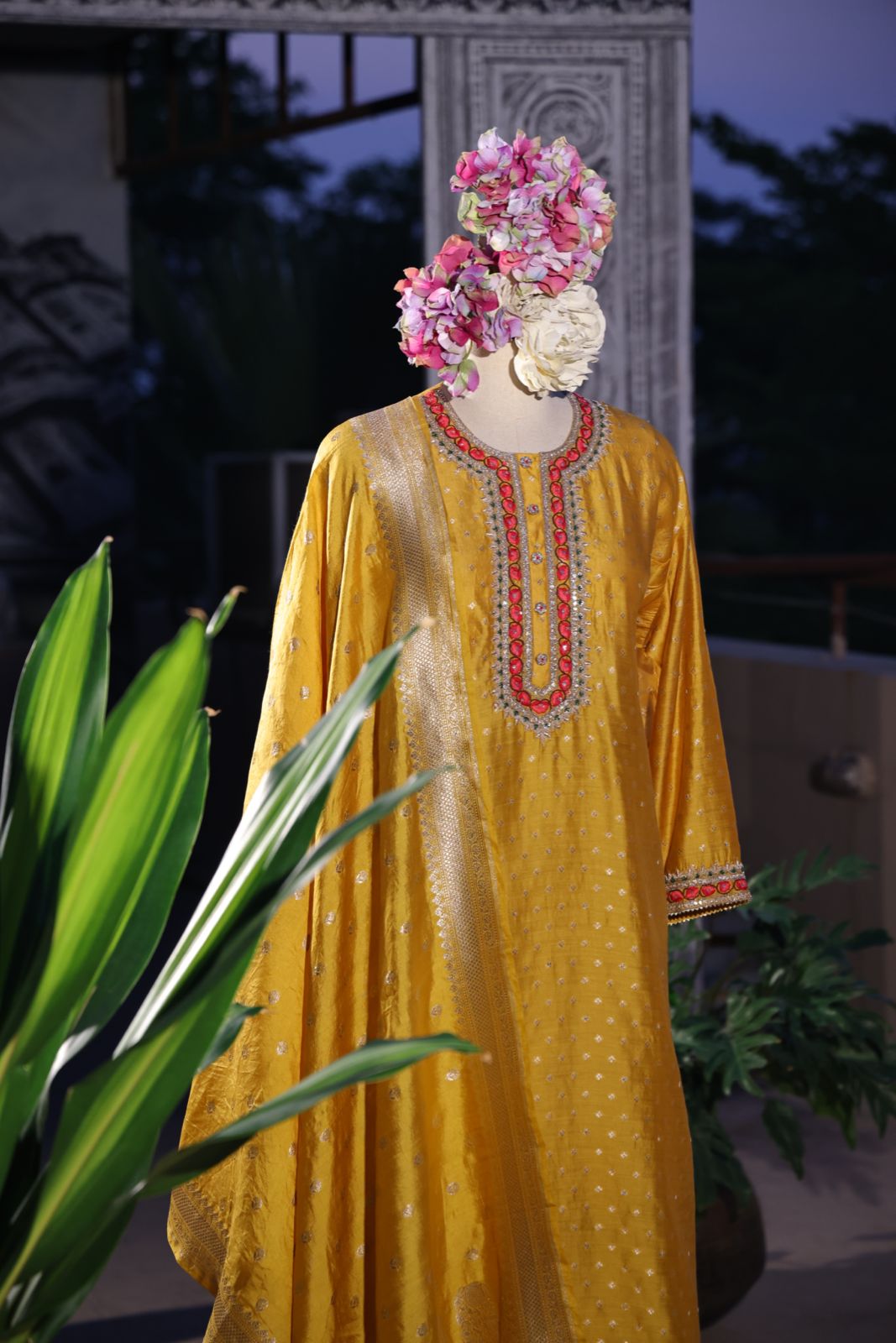 Sandhya Reddy - Golden Yellow Pure Silk Banarasi Semi-Stitched Suit Set with Zari and Resham Embroidery and Handwoven Banarasi Dupatta