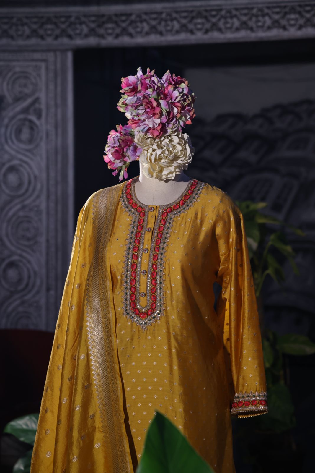 Sandhya Reddy - Golden Yellow Pure Silk Banarasi Semi-Stitched Suit Set with Zari and Resham Embroidery and Handwoven Banarasi Dupatta