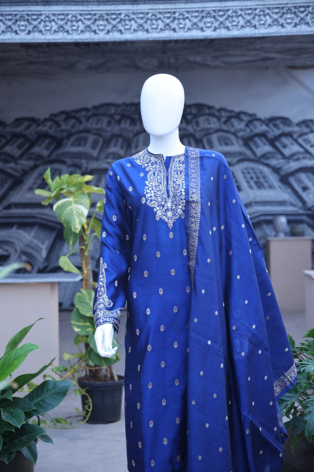 Sandhya Reddy - Royal Blue Pure Silk Banarasi Handloom Semi-Stitched Suit Set with Dabka, Sequin Handwork, Matching Woven Silk Dupatta and Lowers