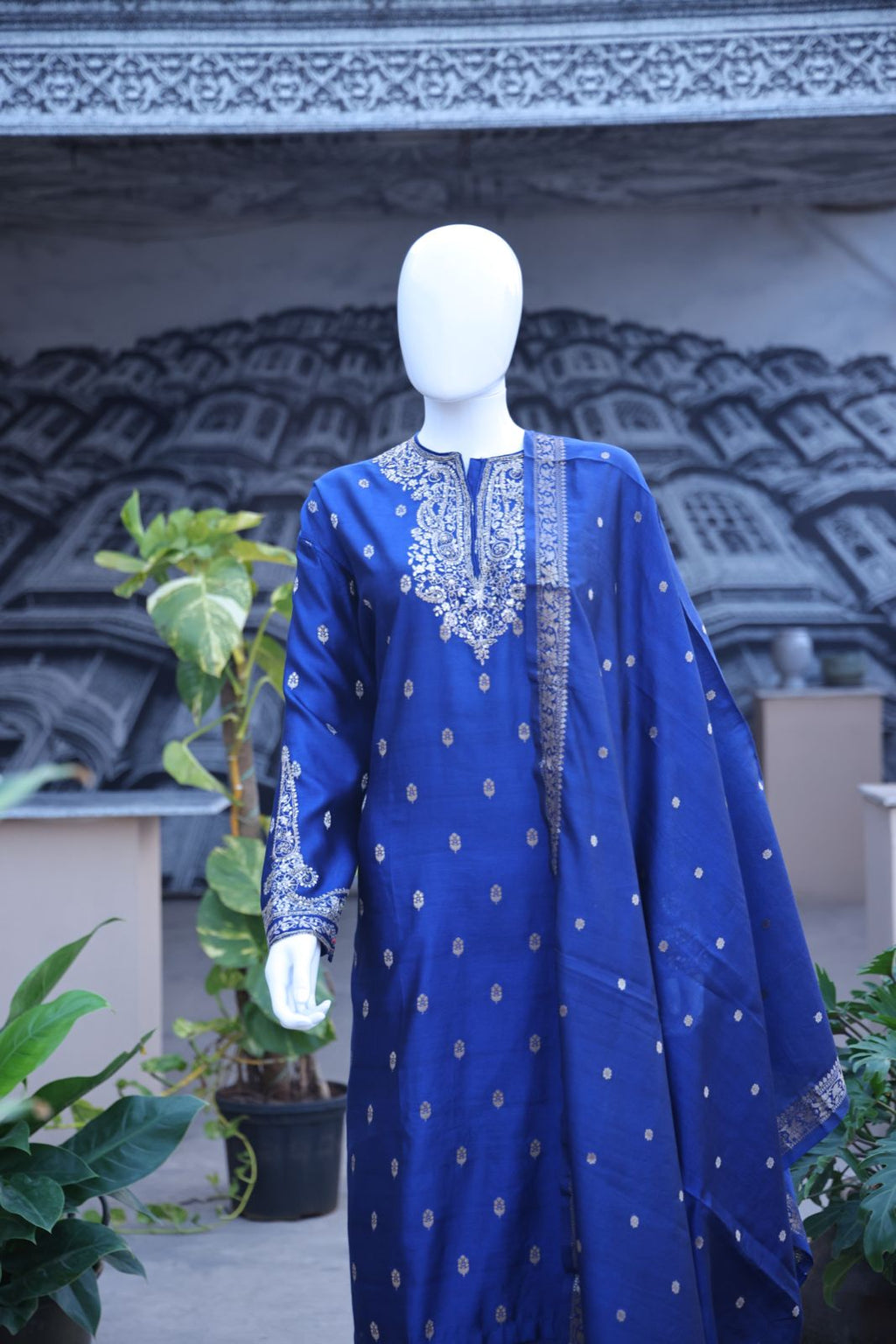 Sandhya Reddy - Royal Blue Pure Silk Banarasi Handloom Semi-Stitched Suit Set with Dabka, Sequin Handwork, Matching Woven Silk Dupatta and Lowers