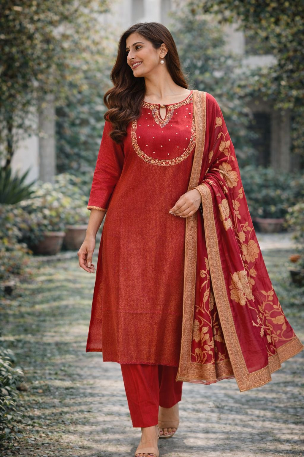 Fuchsia Pink Self-Stripe Tissue Dress with Sequin Embroidery &amp; Jaal Dupatta – Designer Festive Wear